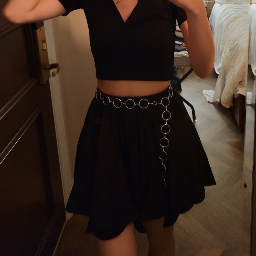 Black Mini Bubble Skirt with Pleated Ruffles